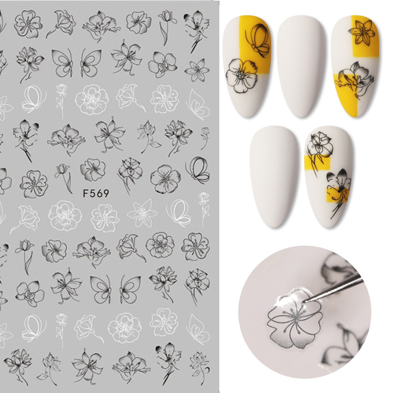 1 lap fekete-fehér 3D körömdísz matricák csúszkák virágok levelek mandala levél geometria ragasztó köröm matricák fólia kialakítás