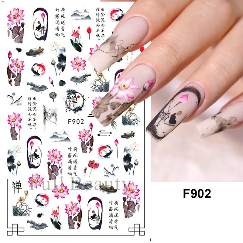 3D bambuszlevél kalligráfia köröm matricák kínai karakter tinta virág művészet ragasztó csúszkák őszibarack virág matricák manikűr LAF904