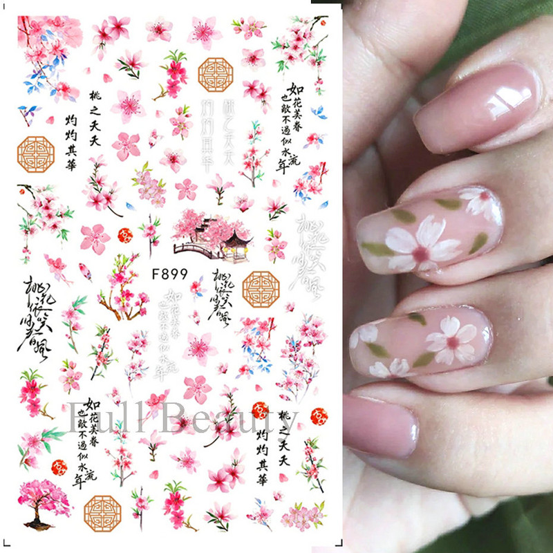 3D bambuszlevél kalligráfia köröm matricák kínai karakter tinta virág művészet ragasztó csúszkák őszibarack virág matricák manikűr LAF904