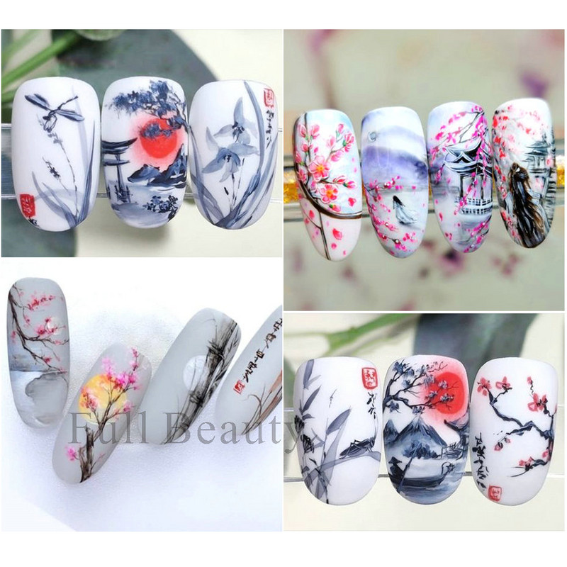 3D bambuszlevél kalligráfia köröm matricák kínai karakter tinta virág művészet ragasztó csúszkák őszibarack virág matricák manikűr LAF904