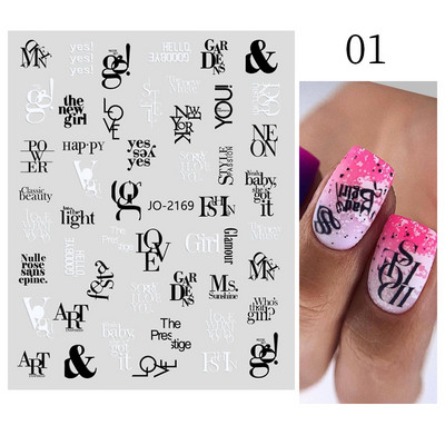 1 lap Új római angol ábécé szám 3D köröm matricák karácsonyi romantikus irizáló arany ezüst szó kis betűk köröm