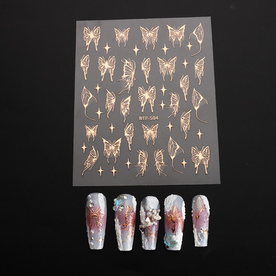 Üreges pillangós matricák körmökhöz Holografikus fényvisszaverő csillagok körömdizájn lézerarany ezüst körömdíszítő csúszkák manikűr LEBTF