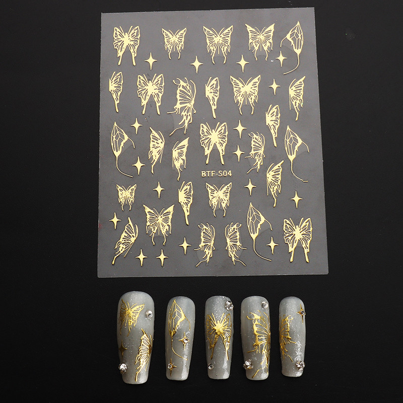 Üreges pillangós matricák körmökhöz Holografikus fényvisszaverő csillagok körömdizájn lézerarany ezüst körömdíszítő csúszkák manikűr LEBTF