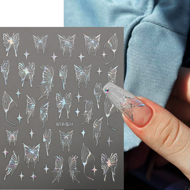 Üreges pillangós matricák körmökhöz Holografikus fényvisszaverő csillagok körömdizájn lézerarany ezüst körömdíszítő csúszkák manikűr LEBTF