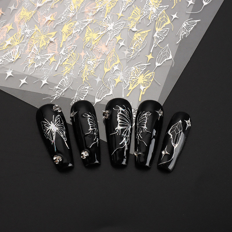 Üreges pillangós matricák körmökhöz Holografikus fényvisszaverő csillagok körömdizájn lézerarany ezüst körömdíszítő csúszkák manikűr LEBTF