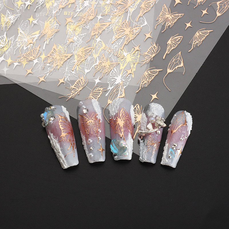 Üreges pillangós matricák körmökhöz Holografikus fényvisszaverő csillagok körömdizájn lézerarany ezüst körömdíszítő csúszkák manikűr LEBTF