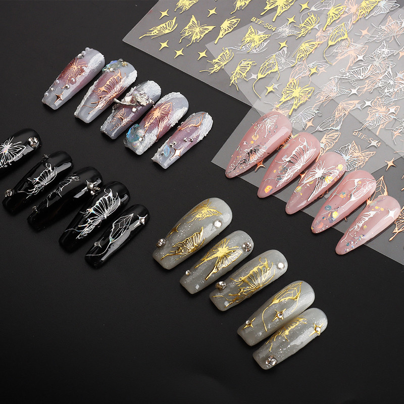 Üreges pillangós matricák körmökhöz Holografikus fényvisszaverő csillagok körömdizájn lézerarany ezüst körömdíszítő csúszkák manikűr LEBTF