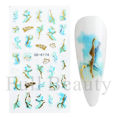 Lenyűgöző márvány vonalú matricák körmökön Királykék Virágzó Füstmatricák Manikűr 5D Dombornyomott Golden Wave Csúsztatók LA5D-K174