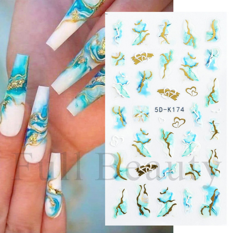 Lenyűgöző márvány vonalú matricák körmökön Királykék Virágzó Füstmatricák Manikűr 5D Dombornyomott Golden Wave Csúsztatók LA5D-K174
