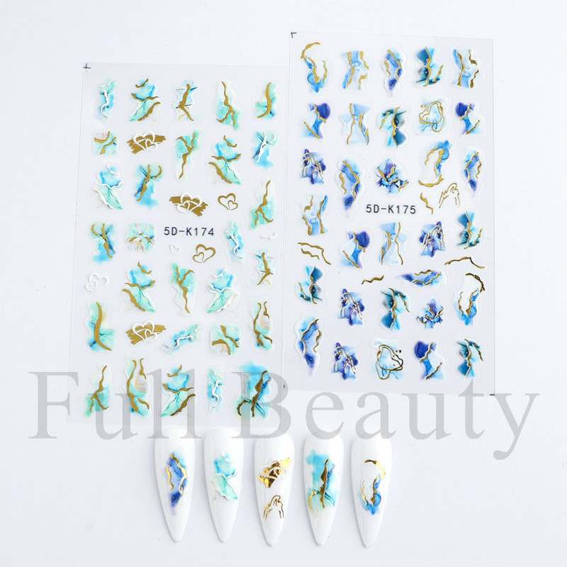 Lenyűgöző márvány vonalú matricák körmökön Királykék Virágzó Füstmatricák Manikűr 5D Dombornyomott Golden Wave Csúsztatók LA5D-K174