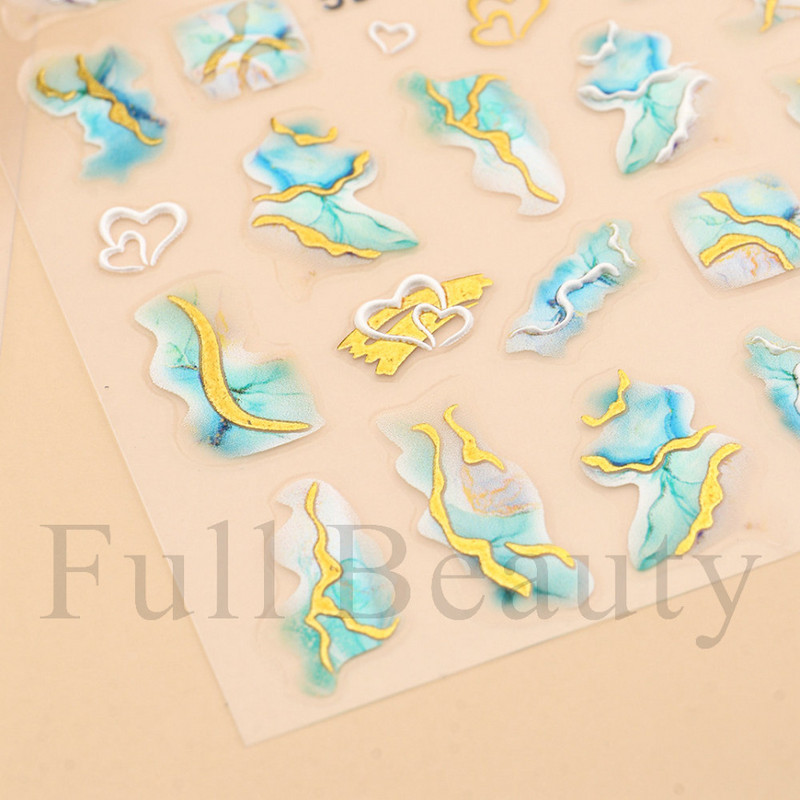 Lenyűgöző márvány vonalú matricák körmökön Királykék Virágzó Füstmatricák Manikűr 5D Dombornyomott Golden Wave Csúsztatók LA5D-K174