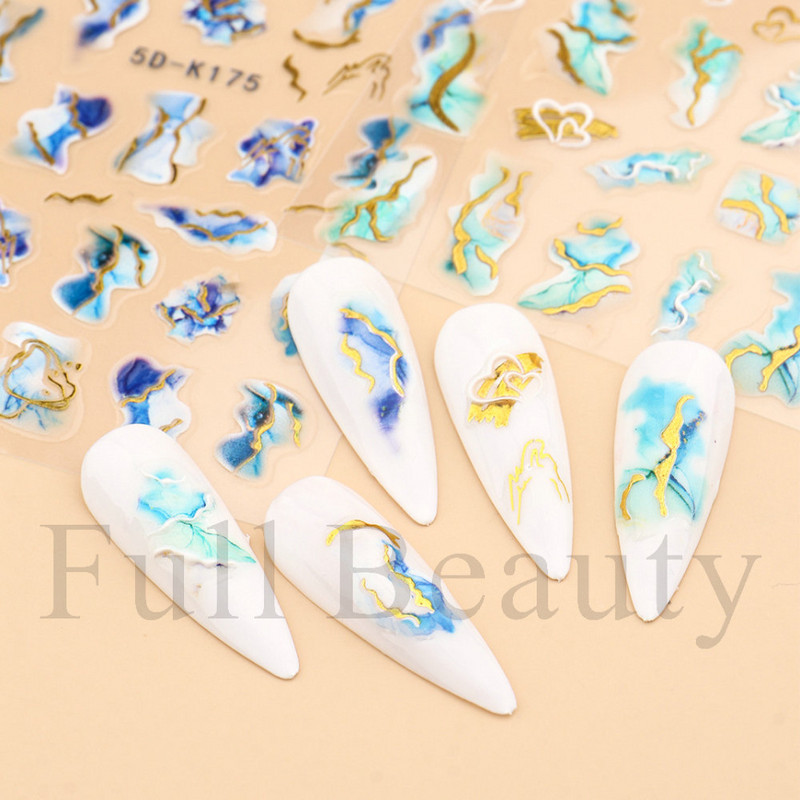 Lenyűgöző márvány vonalú matricák körmökön Királykék Virágzó Füstmatricák Manikűr 5D Dombornyomott Golden Wave Csúsztatók LA5D-K174