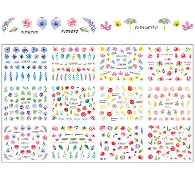 12 minta Vegyes virágos geometriai körömmatricák szett körömdíszítés vízáteresztő matricák csúszdák virág levelek manikűr dekoráció