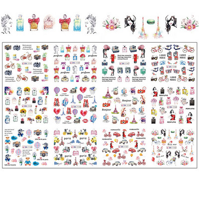 12 minta Vegyes virágos geometriai körömmatricák szett körömdíszítés vízáteresztő matricák csúszdák virág levelek manikűr dekoráció