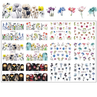 12 minta Vegyes virágos geometriai körömmatricák szett körömdíszítés vízáteresztő matricák csúszdák virág levelek manikűr dekoráció