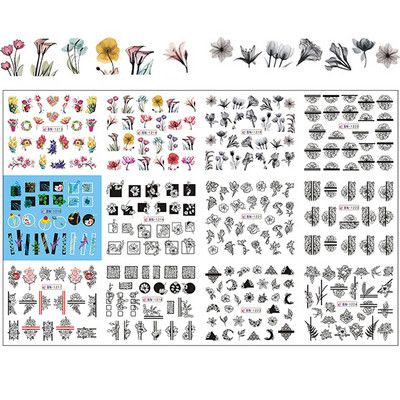 12 minta Vegyes virágos geometriai körömmatricák szett körömdíszítés vízáteresztő matricák csúszdák virág levelek manikűr dekoráció