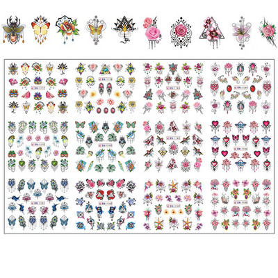 12 minta Vegyes virágos geometriai körömmatricák szett körömdíszítés vízáteresztő matricák csúszdák virág levelek manikűr dekoráció