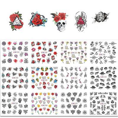 12 minta Vegyes virágos geometriai körömmatricák szett körömdíszítés vízáteresztő matricák csúszdák virág levelek manikűr dekoráció