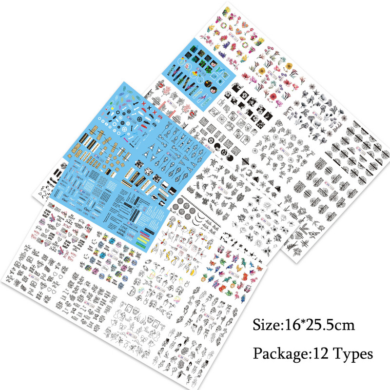 12 minta Vegyes virágos geometriai körömmatricák szett körömdíszítés vízáteresztő matricák csúszdák virág levelek manikűr dekoráció