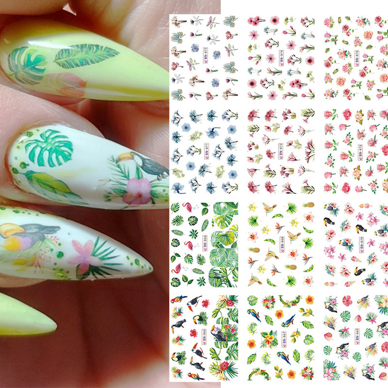 12 minta Vegyes virágos geometriai körömmatricák szett körömdíszítés vízáteresztő matricák csúszdák virág levelek manikűr dekoráció
