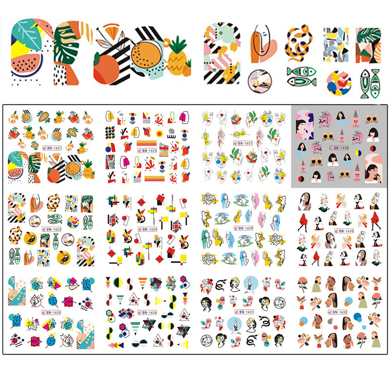 12 minta Vegyes virágos geometriai körömmatricák szett körömdíszítés vízáteresztő matricák csúszdák virág levelek manikűr dekoráció