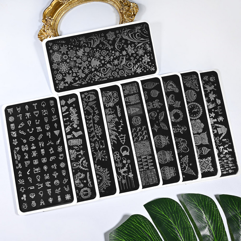 2020-as rozsdamentes acél bélyegzőlemez sablon francia karácsonyi hóember jávorszarvas virágok körömbélyegző eszköz manikűr sablon 12x6cm