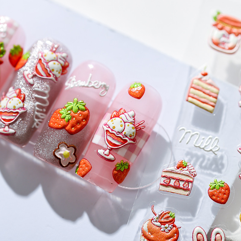 Édes eper torta rajzfilm 5D dombornyomott domborművek körömdíszítő matricák 3D öntapadó körömdíszek matricák nagykereskedés