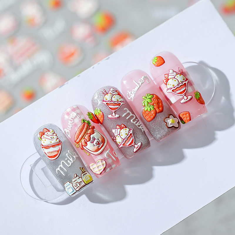 Édes eper torta rajzfilm 5D dombornyomott domborművek körömdíszítő matricák 3D öntapadó körömdíszek matricák nagykereskedés