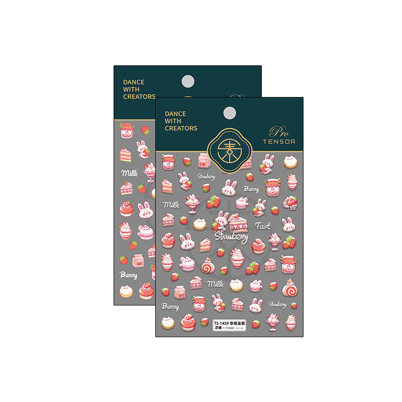 Édes eper torta rajzfilm 5D dombornyomott domborművek körömdíszítő matricák 3D öntapadó körömdíszek matricák nagykereskedés