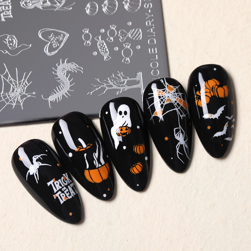 NICOLE NAPLÓ Köröm bélyegző lemezek Halloween Pumpkin Ghost kép Rozsdamentes acél karácsonyi hópehely mintás körömbélyegző sablon