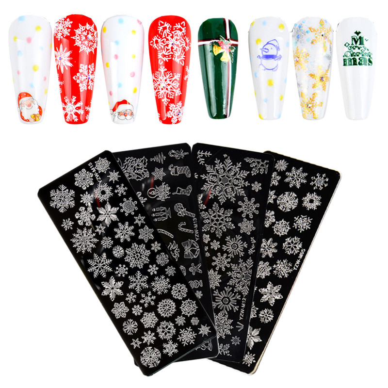 Karácsonyi hópehely virágok körömbélyegző lemezek pillangó virág bélyegző köröm sablonok nyomtatási stencil eszközök ősz tél