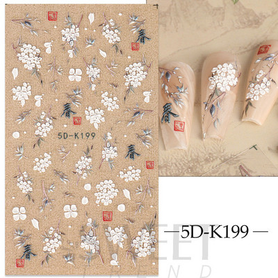 Fehér Virág 5D Dombornyomott köröm matrica akril tavaszi virágos cseresznyevirág mandarin újév esküvői manikűr dekoráció BE5D-K