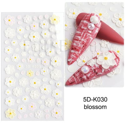 Fehér Virág 5D Dombornyomott köröm matrica akril tavaszi virágos cseresznyevirág mandarin újév esküvői manikűr dekoráció BE5D-K