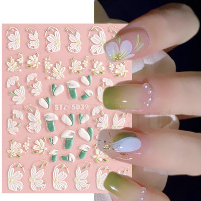 Fehér Virág 5D Dombornyomott köröm matrica akril tavaszi virágos cseresznyevirág mandarin újév esküvői manikűr dekoráció BE5D-K