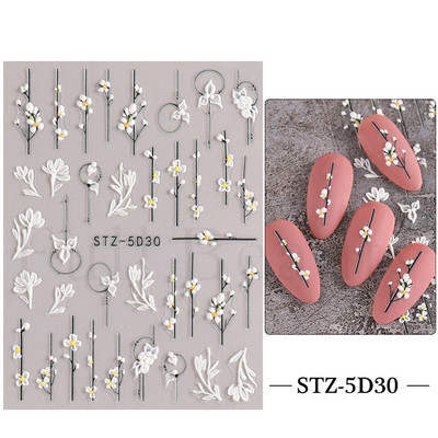 Fehér Virág 5D Dombornyomott köröm matrica akril tavaszi virágos cseresznyevirág mandarin újév esküvői manikűr dekoráció BE5D-K