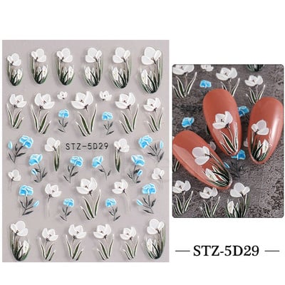 Fehér Virág 5D Dombornyomott köröm matrica akril tavaszi virágos cseresznyevirág mandarin újév esküvői manikűr dekoráció BE5D-K