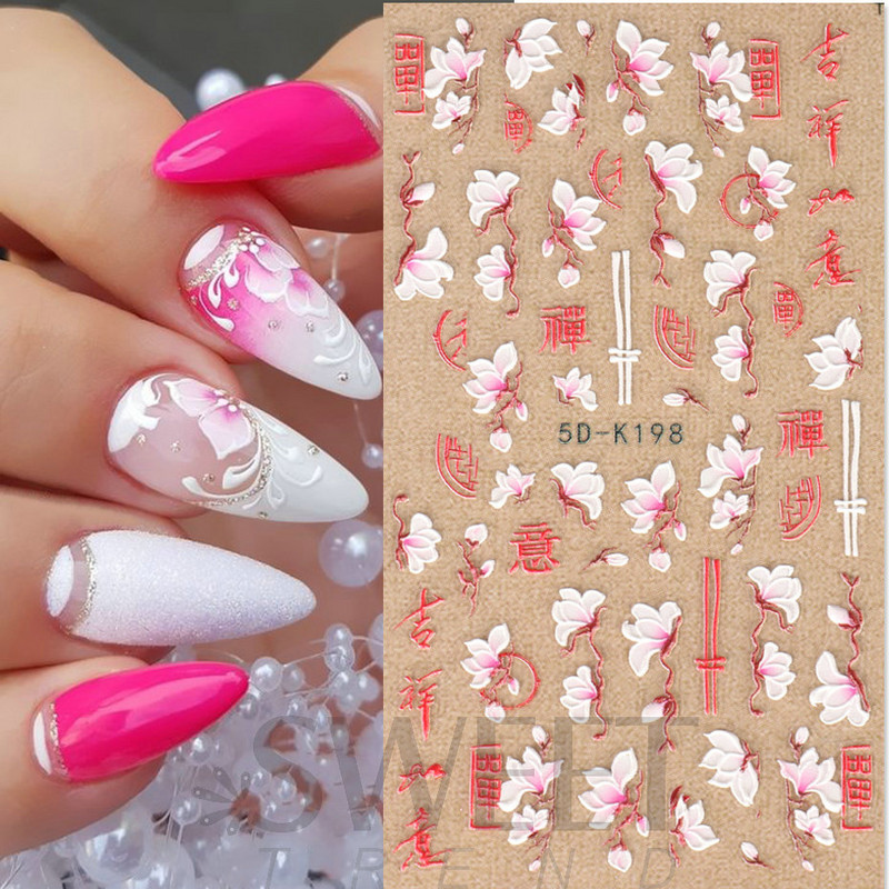 Fehér Virág 5D Dombornyomott köröm matrica akril tavaszi virágos cseresznyevirág mandarin újév esküvői manikűr dekoráció BE5D-K