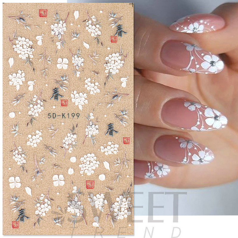 Fehér Virág 5D Dombornyomott köröm matrica akril tavaszi virágos cseresznyevirág mandarin újév esküvői manikűr dekoráció BE5D-K