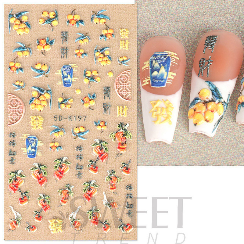 Fehér Virág 5D Dombornyomott köröm matrica akril tavaszi virágos cseresznyevirág mandarin újév esküvői manikűr dekoráció BE5D-K