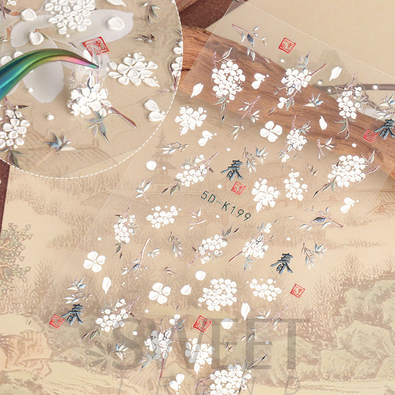 Fehér Virág 5D Dombornyomott köröm matrica akril tavaszi virágos cseresznyevirág mandarin újév esküvői manikűr dekoráció BE5D-K