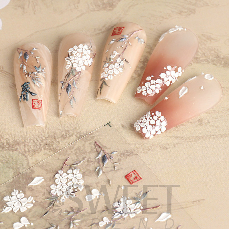 Fehér Virág 5D Dombornyomott köröm matrica akril tavaszi virágos cseresznyevirág mandarin újév esküvői manikűr dekoráció BE5D-K