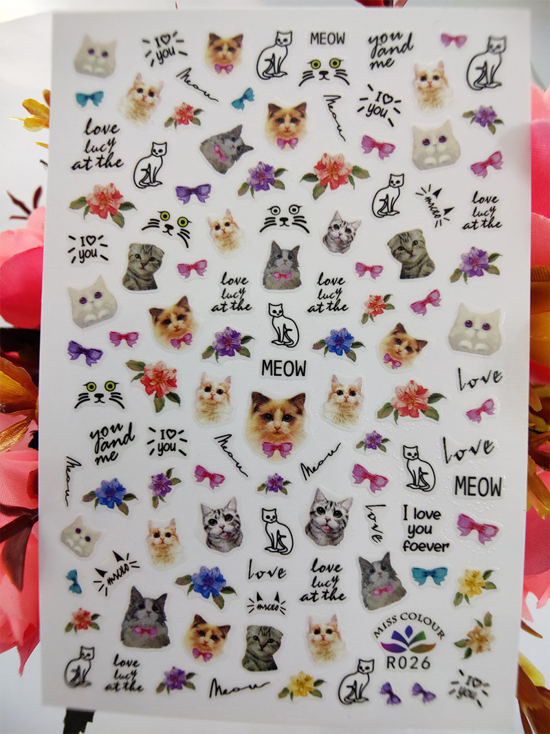 3D-küünekleebised, üleannetu akvarell, lemmikloomad, kassid, isekleepuvad küünekleebised.