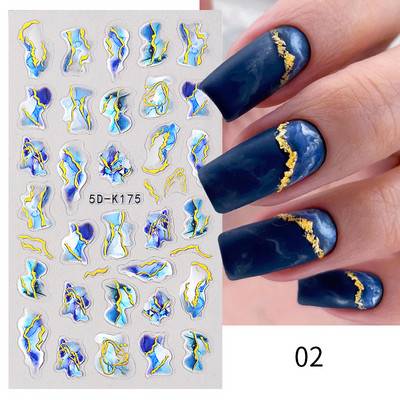 Sinine marmor suitsukuldne raam 5D küünekleebised lilled geomeetrilised jooned dekoor Akrüül reljeefsed liugurid küünekleebised maniküür