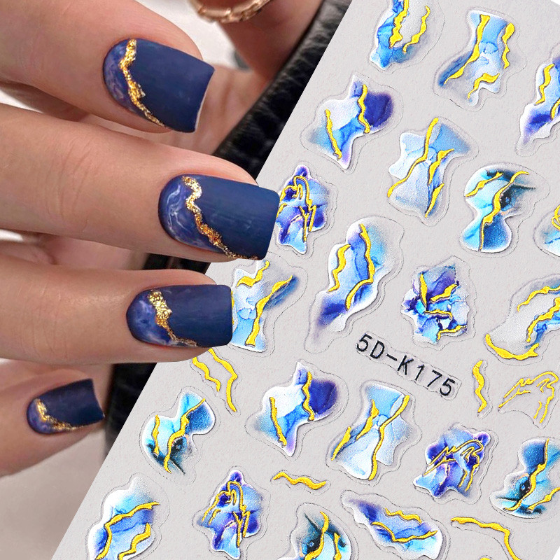 Sinine marmor suitsukuldne raam 5D küünekleebised lilled geomeetrilised jooned dekoor Akrüül reljeefsed liugurid küünekleebised maniküür