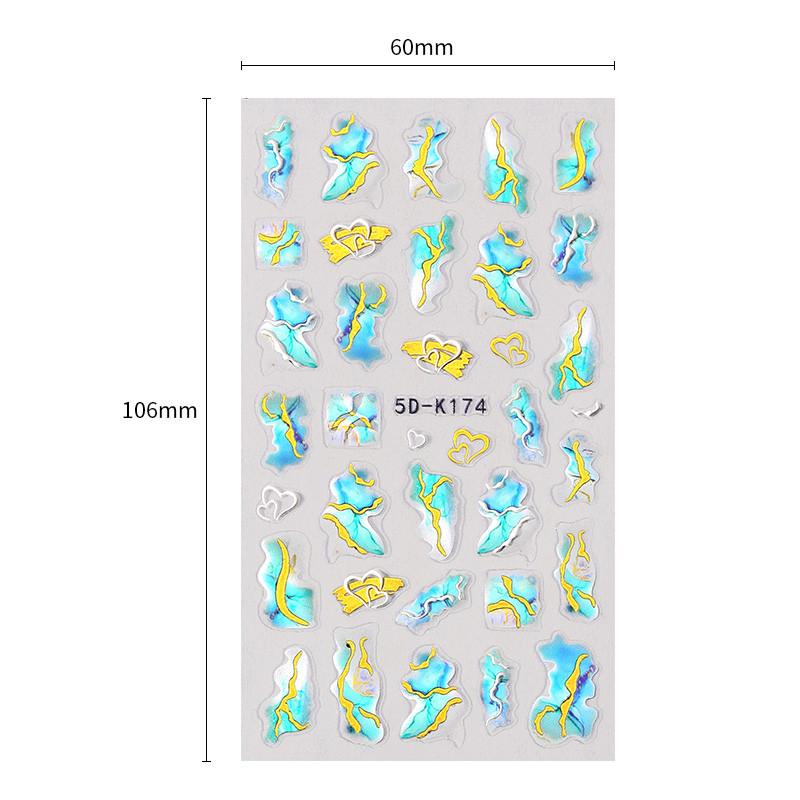 Sinine marmor suitsukuldne raam 5D küünekleebised lilled geomeetrilised jooned dekoor Akrüül reljeefsed liugurid küünekleebised maniküür