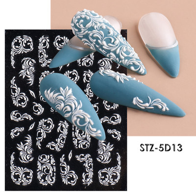 Ανάγλυφα 5D Λευκά Αυτοκόλλητα Νυχιών Κομψά λουλουδάτα ολισθητήρες δαντέλας γάμου για νύχια Μπαρόκ διακόσμηση μανικιούρ Αυτοκόλλητα BESTZ-5D-1