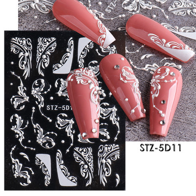 Ανάγλυφα 5D Λευκά Αυτοκόλλητα Νυχιών Κομψά λουλουδάτα ολισθητήρες δαντέλας γάμου για νύχια Μπαρόκ διακόσμηση μανικιούρ Αυτοκόλλητα BESTZ-5D-1