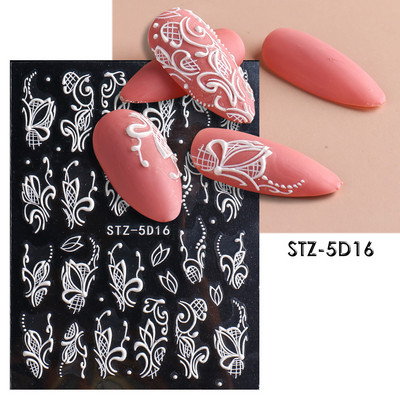 Ανάγλυφα 5D Λευκά Αυτοκόλλητα Νυχιών Κομψά λουλουδάτα ολισθητήρες δαντέλας γάμου για νύχια Μπαρόκ διακόσμηση μανικιούρ Αυτοκόλλητα BESTZ-5D-1