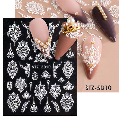 Ανάγλυφα 5D Λευκά Αυτοκόλλητα Νυχιών Κομψά λουλουδάτα ολισθητήρες δαντέλας γάμου για νύχια Μπαρόκ διακόσμηση μανικιούρ Αυτοκόλλητα BESTZ-5D-1