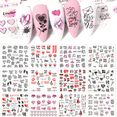 Valentines Heart Letter Flower Nail Sliders Sliders for Nails Water Decals Αυτοκόλλητα Συμβουλές για μανικιούρ Nail Art Διακόσμηση